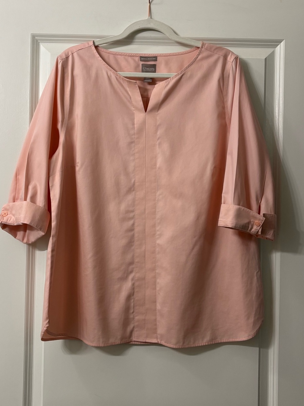 Chico's Womens 3/4 Sleeve Pale Pink Wrinkle Resistant Popover Blouse size 2 (12)